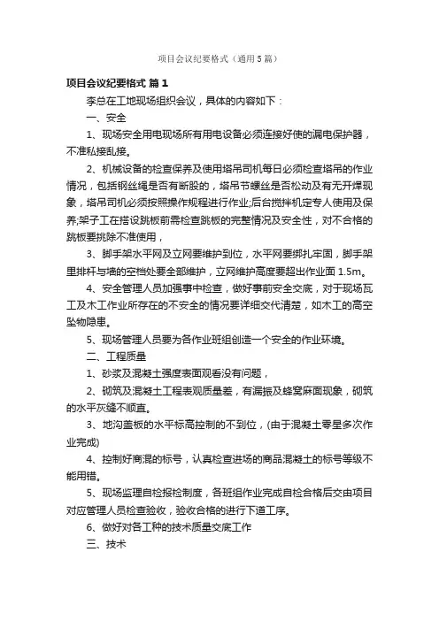 项目会议纪要格式（通用5篇）