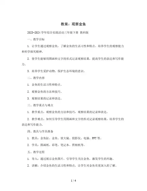 观察金鱼(教案)2023-2024学年综合实践活动三年级下册 教科版