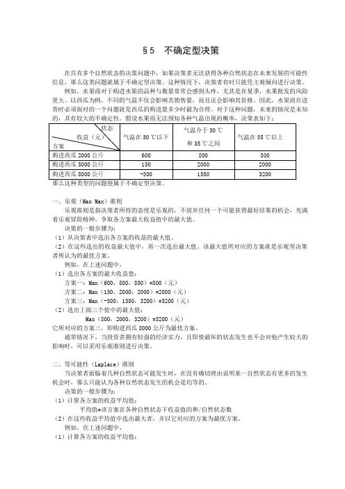 数学建模案例分析--对策与决策方法建模5不确定型决策