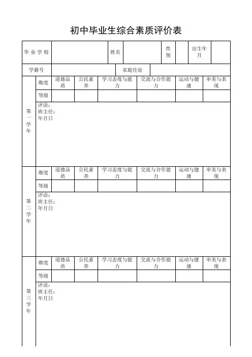 初中毕业生综合素质评价表