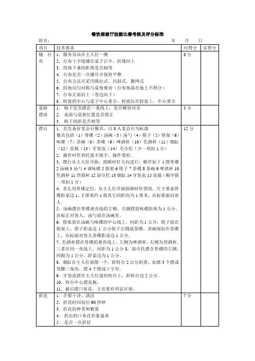 餐饮部前厅技能比赛考核及评分标准