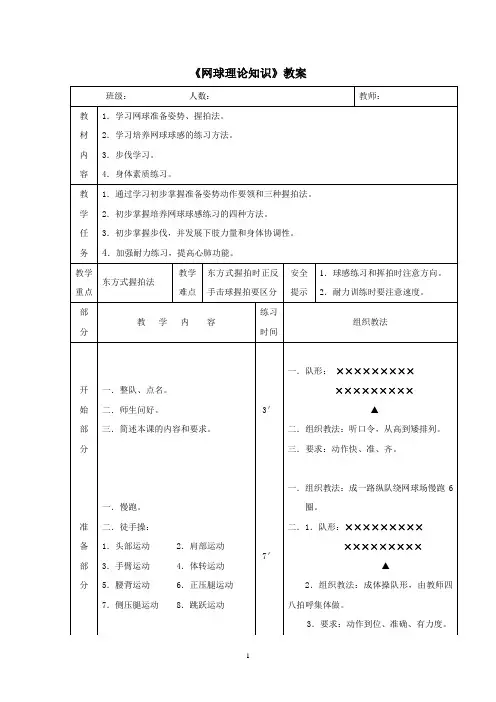 人教版九年级《网球理论知识》教案