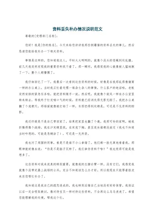 资料丢失补办情况说明范文