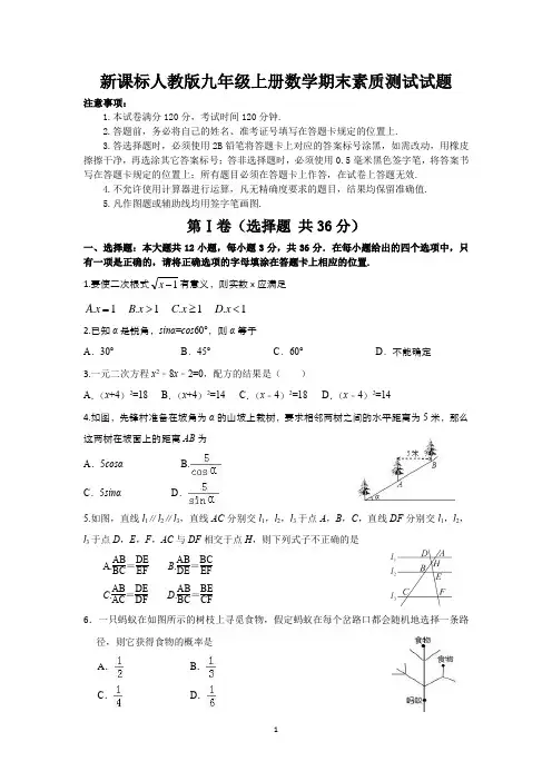 新课标人教版九年级上册数学期末素质测试试题(含答案)