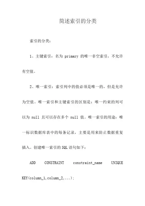 简述索引的分类