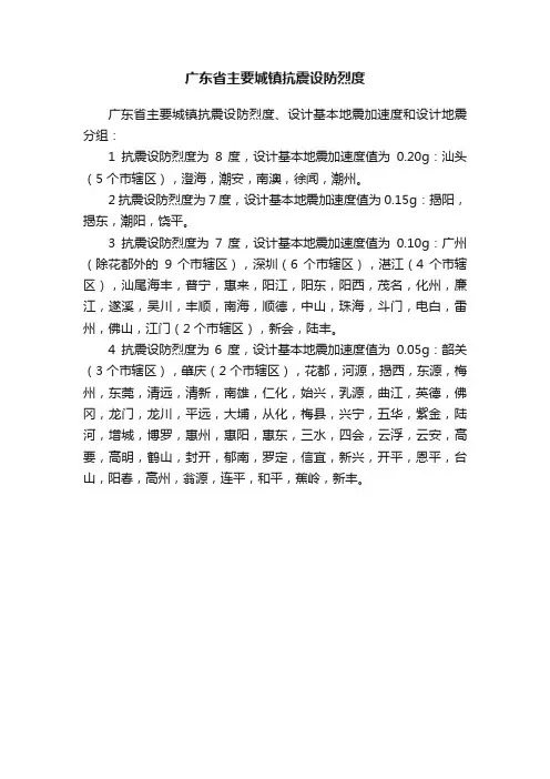 广东省主要城镇抗震设防烈度
