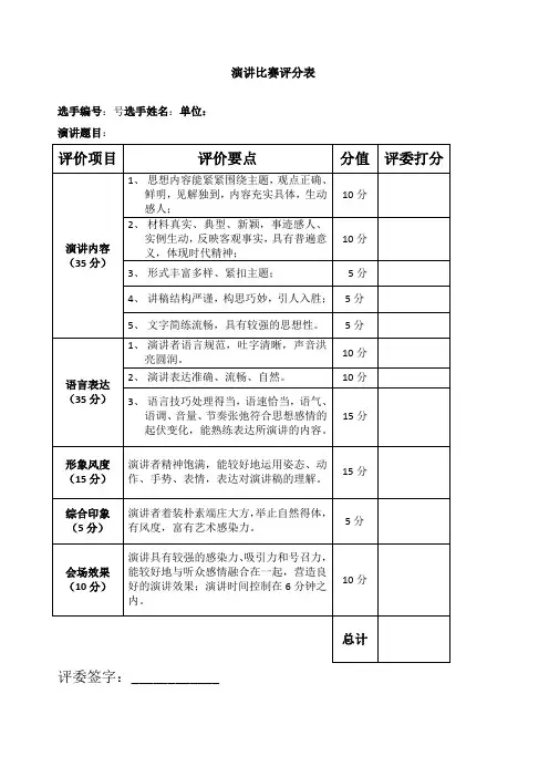 演讲比赛评分表模板