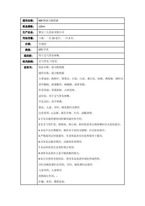 999牌强力枇杷露(雅安三九药业有限公司)-药品说明书