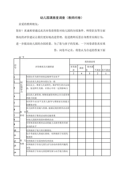 幼儿园满意度调查(教师问卷)