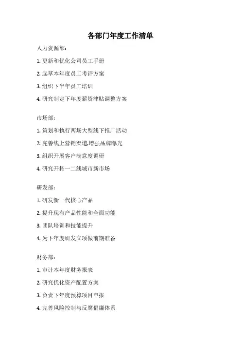 各部门年度工作清单
