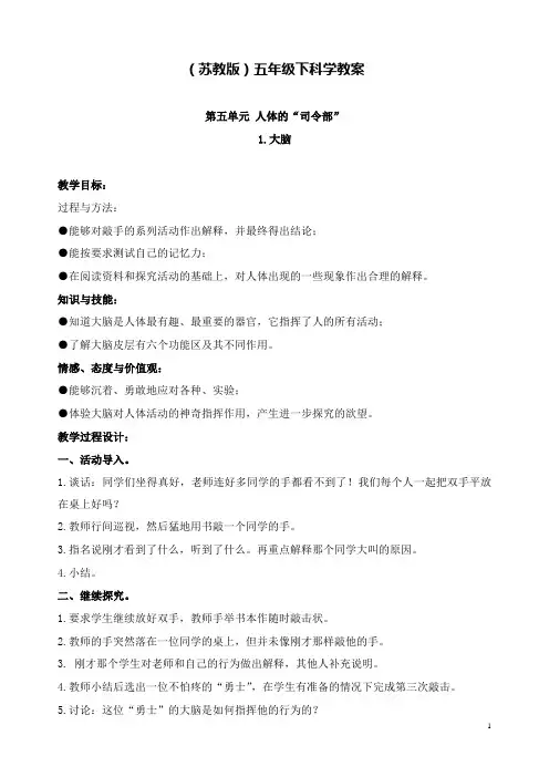 新苏教版科学小学五年级下册5.1.大脑公开课优质课教学设计(1)