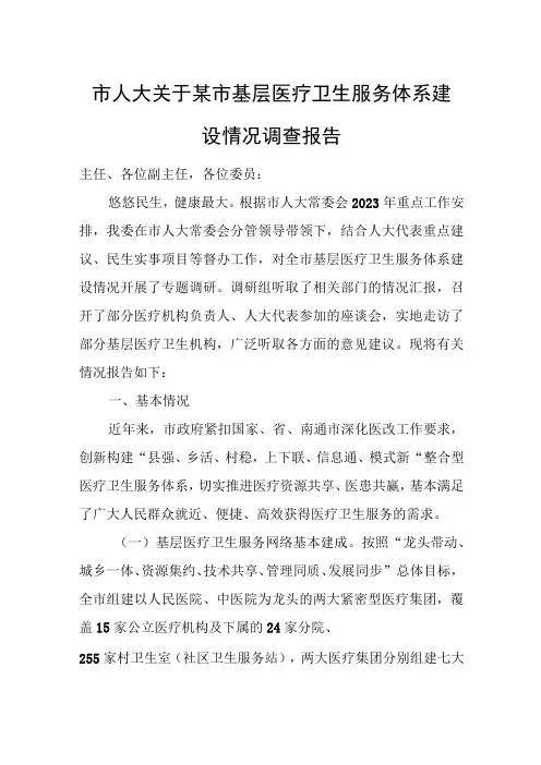 市人大关于某市基层医疗卫生服务体系建设情况调查报告