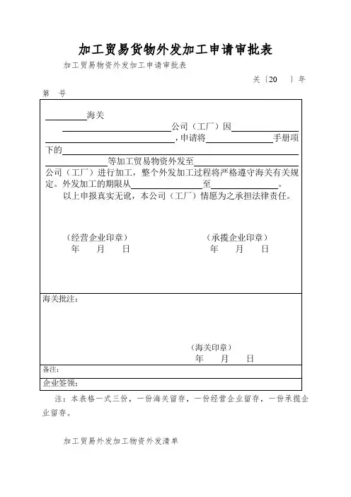 加工贸易货物外发加工申请审批表