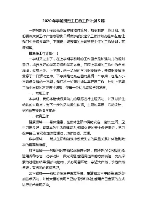 2020年学前班班主任的工作计划5篇