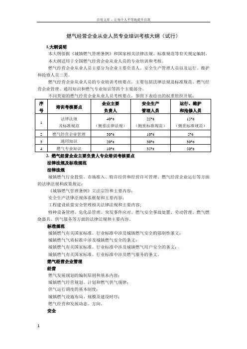 燃气经营企业从业人员专业培训考核大纲