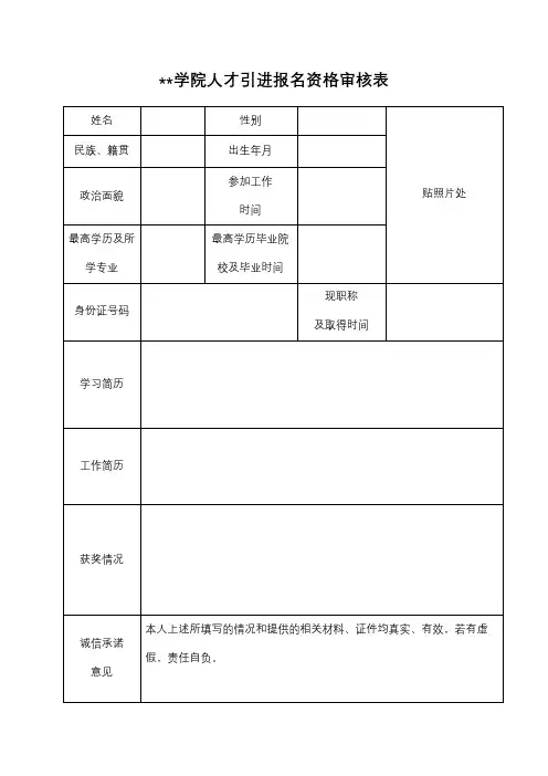 亳州学院人才引进报名资格审核表【模板】