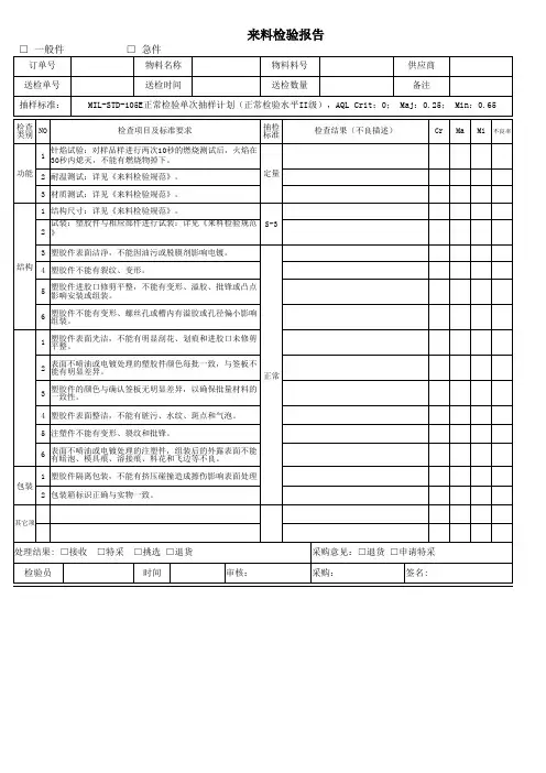 塑胶件来料检验报告