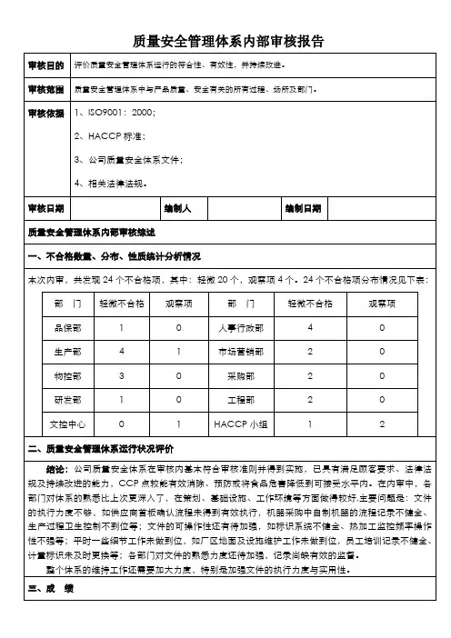 【推荐】质量安全管理体系内部审核报告