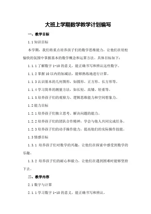 大班上学期数学教学计划编写