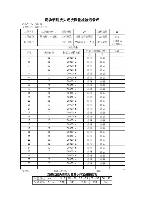 现场钢筋接头连接质量检验记录表