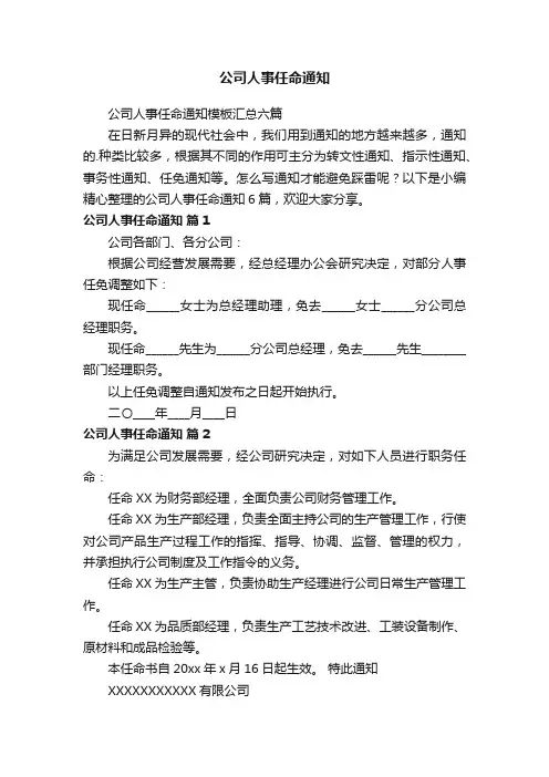 公司人事任命通知模板汇总六篇