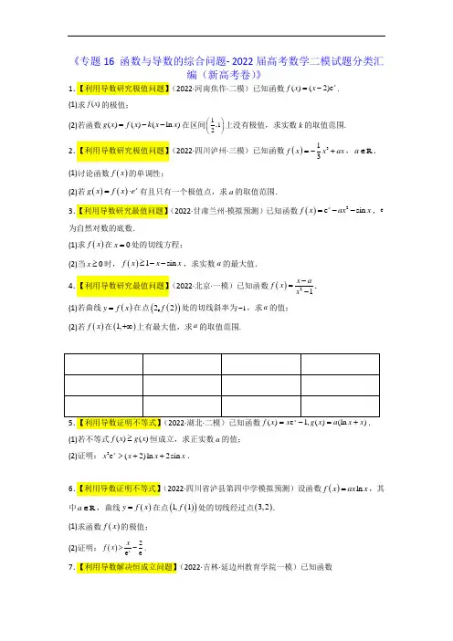 专题16 函数与导数的综合问题- 2022届高考数学二模试题分类汇编(新高考卷)(原卷版)