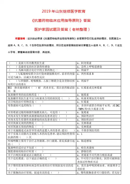 2019年山东继续医学教育《抗菌药物临床应用指导原则》答案(全)