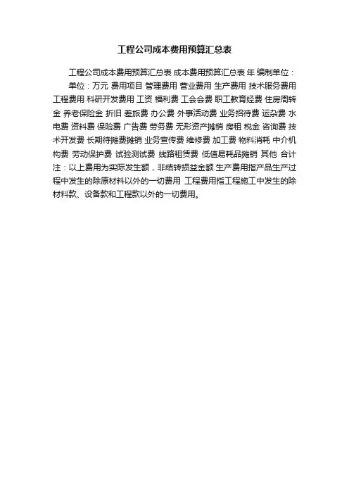 工程公司成本费用预算汇总表