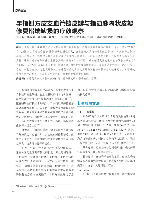 手指侧方皮支血管链皮瓣与指动脉岛状皮瓣修复指端缺损的疗效观察