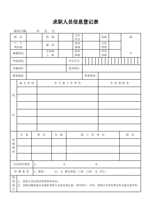 求职人员信息登记表