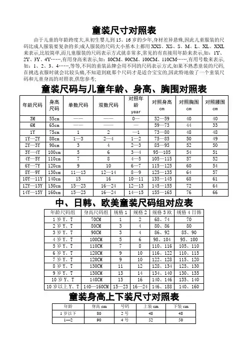 童装尺码与儿童年龄身高胸围对照表
