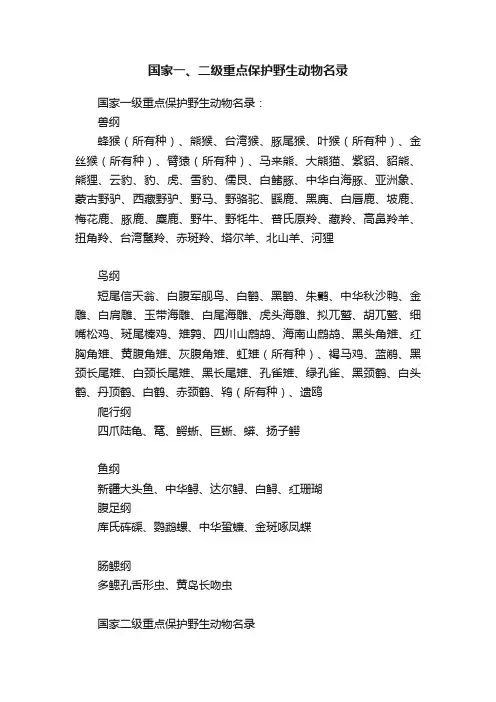 国家一、二级重点保护野生动物名录