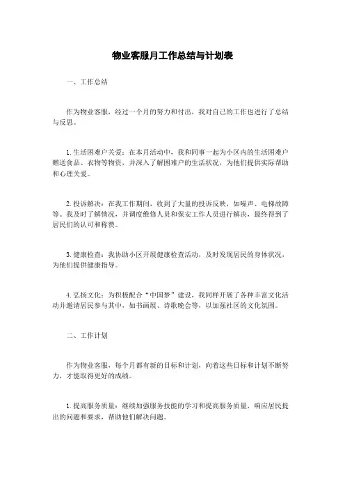 物业客服月工作总结与计划表