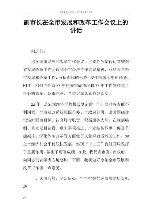 副市长在全市发展和改革工作会议上的讲话doc