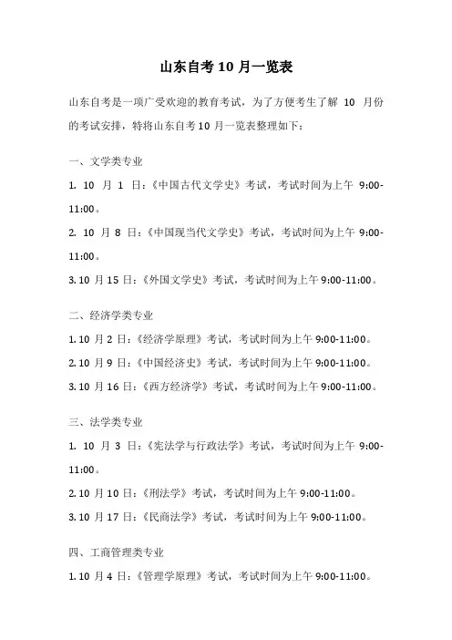 山东自考10月一览表
