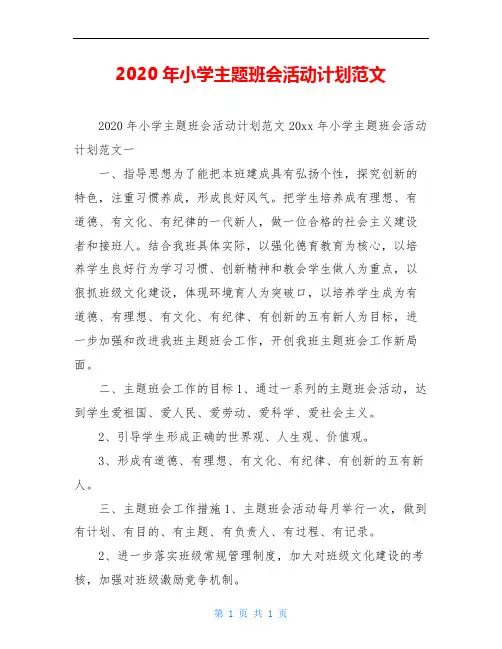 2020年小学主题班会活动计划范文