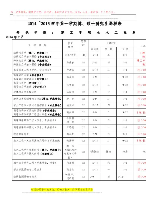 研究生课表,2014下关年土木工程系2014--2015(1)专业课表