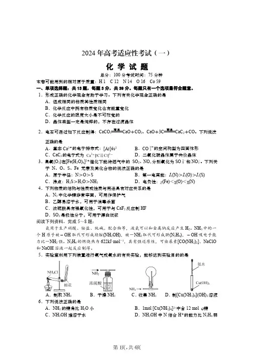江苏省南通市2024届高三第一次适应性调研考试(南通1.5模)化学含答案