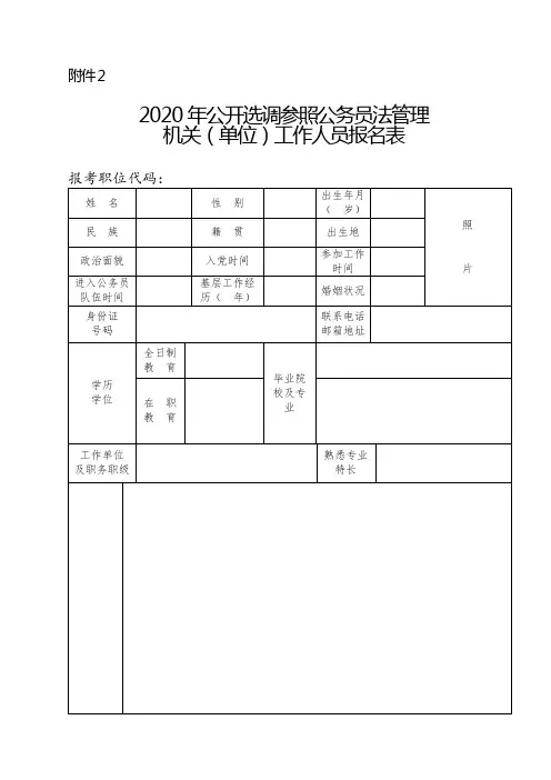 2020年公开选调参照公务员法管理机关(单位)工作人员报名表【模板】