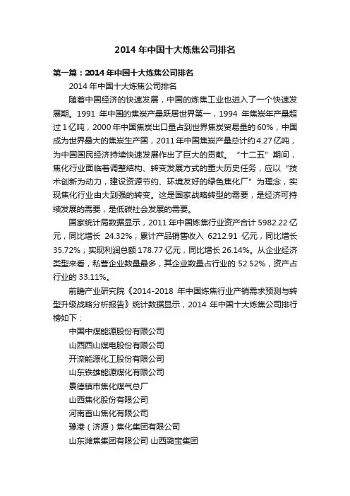 2014年中国十大炼焦公司排名
