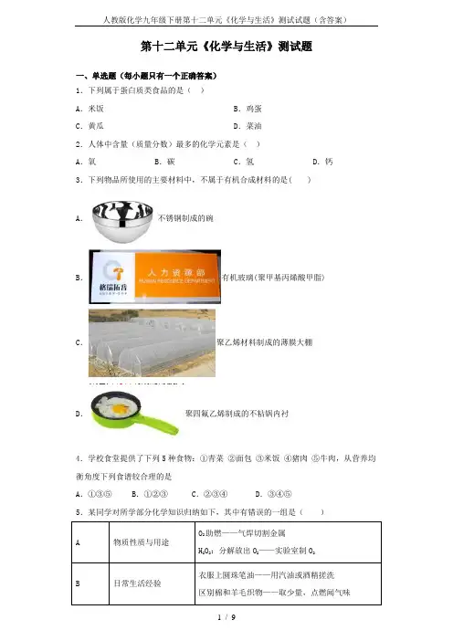 人教版化学九年级下册第十二单元《化学与生活》测试试题(含答案)