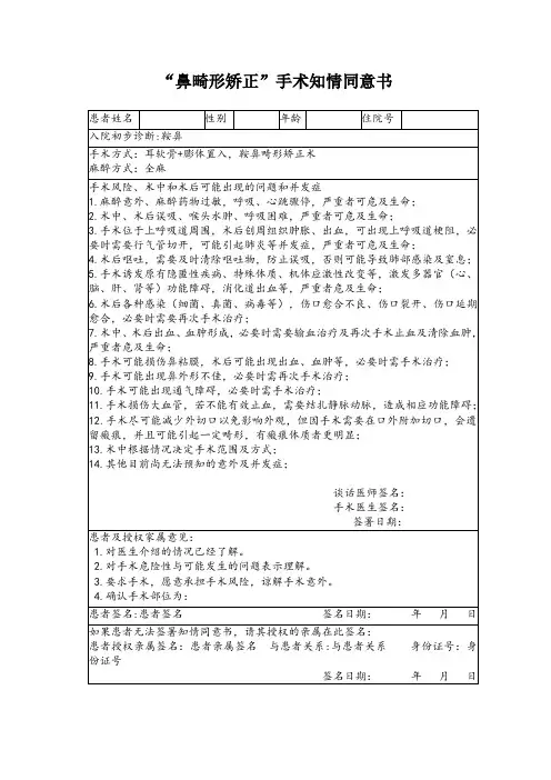 “鼻畸形矫正”手术知情同意书