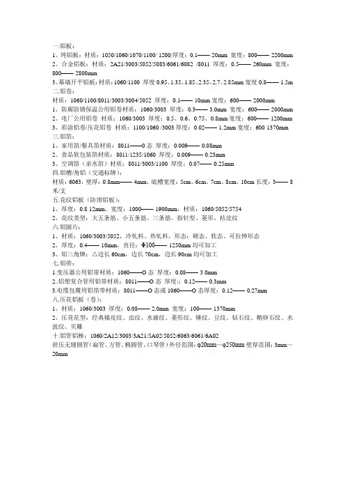 铝板的规格型号与名称