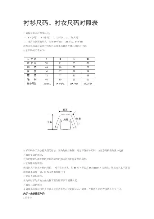 衬衫尺码衬衣尺码对照表