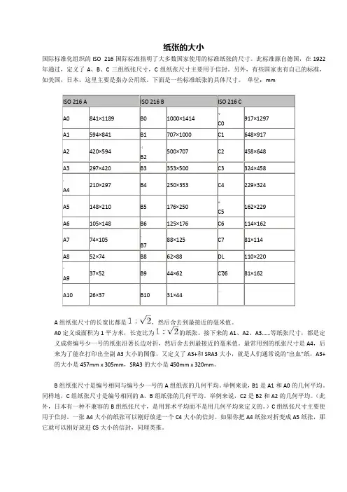 常用纸张的尺寸大小对照表