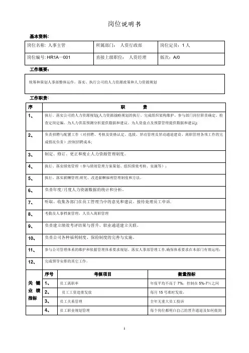 人事主管岗位说明书【范本模板】
