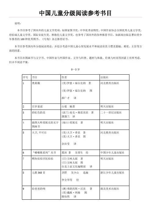 中国幼儿儿童分级优秀绘本故事阅读参考书目