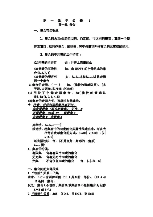 人教版高一数学必修一集合知识点和习题