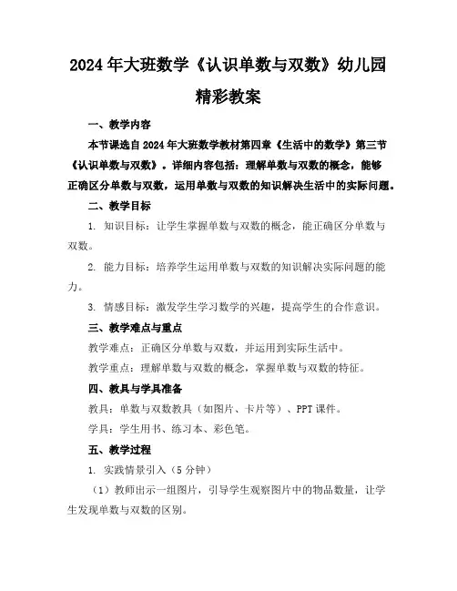 2024年大班数学《认识单数与双数》幼儿园精彩教案