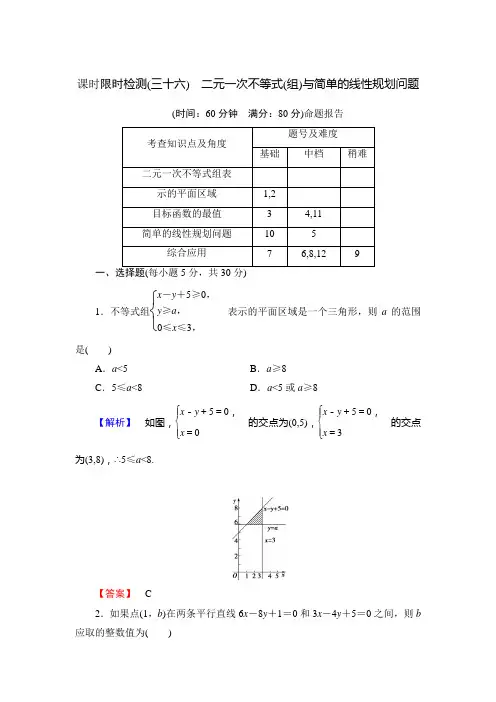山东省2015高考数学(理)总复习课时限时检测36二元一次不等式(组)与简单的线性规划问题 Word版含解析